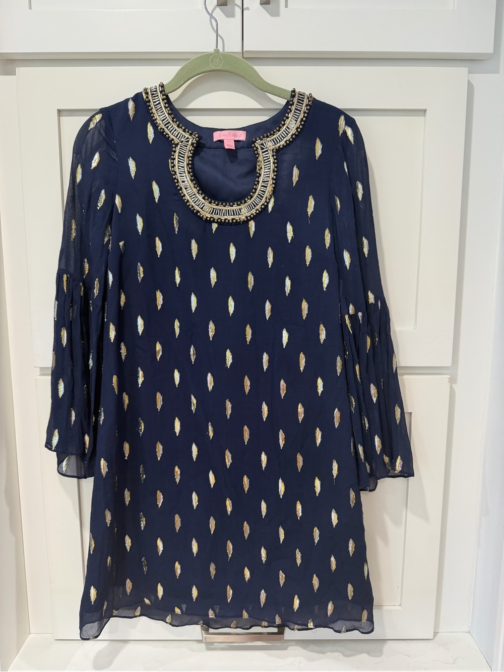 Lilly Pulitzer Navy dress with Gold Dot Accent and Beaded Neckline